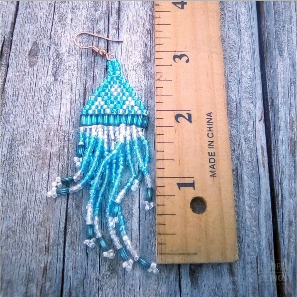 Vintage Boho Beaded Fringe Earrings Teal Turquoise Statement - Picture 4 of 5